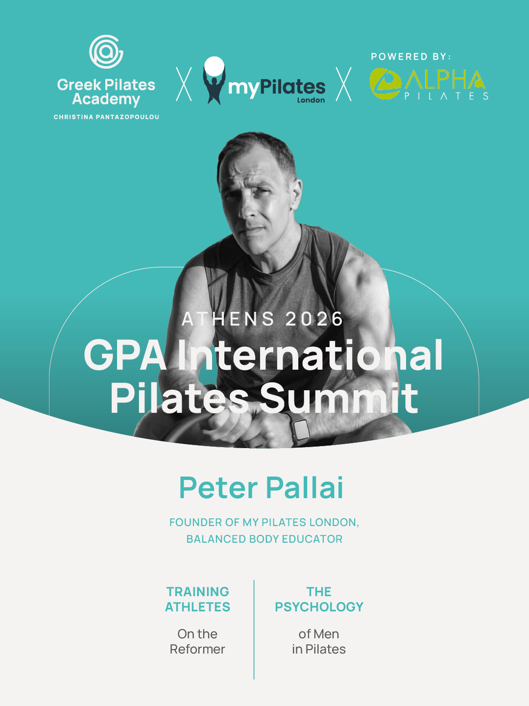 Pete Pallai – Workshops 1. «Training Athletes on the Reformer» Πώς και γιατί; Ένα διαδραστικό και ευχάριστο workshop γύρω από τον τρόπο με τον οποίο μπορούμε να αναγνωρίσουμε τις ανάγκες και τα κινητικά πρότυπα των αθλητών μέσα από το Pilates Reformer. Ο Pete αξιοποιεί τη δική του εμπειρία από τον πρωταθλητισμό, αλλά και παραδείγματα διάσημων αθλητών, για να δείξει πώς το Pilates μπορεί να υποστηρίξει τη δύναμη, την απόδοση και την πρόληψη τραυματισμών. Παρότι επικεντρώνεται στους αθλητές, το workshop είναι απόλυτα χρήσιμο και εφαρμόσιμο σε κάθε επίπεδο φυσικής δραστηριότητας. ⸻ 2. «The Psychology of Men in Pilates» Χρειάζονται οι άνδρες διαφορετική προσέγγιση; Είναι θέμα εγωισμού; Ανταγωνιστικότητας; Φόβου; Νοοτροπίας; Αίσθησης ανεπάρκειας; Ή κάτι βαθύτερο; Ένα workshop με συζήτηση και πρακτική προσέγγιση γύρω από το γιατί οι άνδρες εξακολουθούν να διστάζουν να μπουν σε ένα studio Pilates. Μέσα από κίνηση, παραδείγματα και ανάλυση της ανδρικής ψυχολογίας στην άσκηση, ο Pete εξερευνά τρόπους με τους οποίους μπορούμε να προσεγγίσουμε, να εμπνεύσουμε και να ενθαρρύνουμε περισσότερους άνδρες να γνωρίσουν το Pilates. ⸻ Βιογραφικό Ο Pete Pallai είναι ιδρυτής του myPilates London, εκπαιδευτής της Balanced Body και υπεύθυνος του επίσημου Authorized Training Center της Balanced Body στο Λονδίνο. Υπήρξε δύο φορές Ολυμπιονίκης, εκπροσωπώντας τη χώρα του στους Χειμερινούς Ολυμπιακούς Αγώνες στο 1998 Winter Olympics στο Ναγκάνο της Ιαπωνίας και στο 2002 Winter Olympics στο Salt Lake City των ΗΠΑ.αράλληλα, αγωνίστηκε για αρκετά χρόνια στην 1η κατηγορία ράγκμπι του Λονδίνου. Instagram: @mypilateslondon