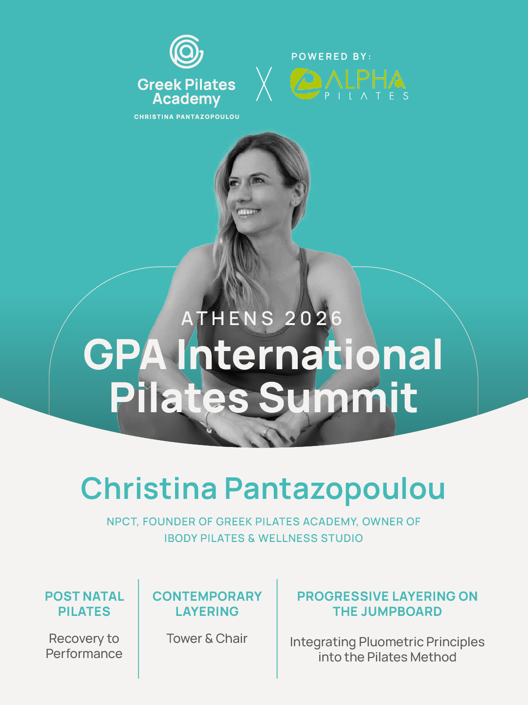 Christina Pantazopoulou orkshops 1. “Post Natal Pilates: Recovery to Performance” Το εξειδικευμένο αυτό σεμινάριο επικεντρώνεται στην ασφαλή και αποτελεσματική εφαρμογή των αρχών του Pilates κατά τη μεταγεννητική περίοδο, καθοδηγώντας τη μετάβαση από την αρχική αποκατάσταση έως την πλήρη λειτουργική απόδοση. Απευθύνεται σε εκπαιδευτές που επιθυμούν να εμβαθύνουν στη φυσιολογία της λοχείας και να αναπτύξουν τις απαραίτητες δεξιότητες για την υποστήριξη των ασκουμένων μέσα από μια δομημένη, ασφαλή και προοδευτική επιστροφή στην κίνηση. Το πρόγραμμα εξετάζει τις σωματικές και λειτουργικές αλλαγές που συμβαίνουν κατά την εγκυμοσύνη και τον τοκετό, όπως: ● η προσαρμογή του πυελικού εδάφους, ● η λειτουργικότητα του κοιλιακού τοιχώματος, ● οι μεταβολές της στάσης σώματος, ● και οι μηχανισμοί της αναπνοής. Ιδιαίτερη έμφαση δίνεται στην αποκατάσταση της λειτουργίας του κορμού μέσα από μια σταδιακή διαδικασία επανεκπαίδευσης που προτεραιοποιεί την ασφάλεια, τη σωματική επίγνωση και τη μακροχρόνια ανθεκτικότητα. Οι συμμετέχοντες θα εξερευνήσουν: ● Αρχές postnatal assessment και movement screening ● Ασφαλείς στρατηγικές πρώιμης αποκατάστασης μέσω Pilates-based ασκήσεων ● Προοδευτική επαναφόρτιση του core και του pelvic floor system ● Διαχείριση της διάστασης κοιλιακών (diastasis recti) σε λειτουργικό κινητικό πλαίσιο ● Επανεκπαίδευση δύναμης, αντοχής και συντονισμού για καθημερινή ζωή και αθλητική δραστηριότητα ● Σχεδιασμό προγραμμάτων από τη φάση αποκατάστασης έως το performance-based training Το σεμινάριο περιλαμβάνει επίσης πρακτικές στρατηγικές διδασκαλίας για ατομικά και ομαδικά μαθήματα, εξασφαλίζοντας προσαρμοστικότητα σε διαφορετικές postnatal περιπτώσεις. Με την ολοκλήρωση της εκπαίδευσης, οι συμμετέχοντες θα μπορούν να καθοδηγούν με ασφάλεια και αυτοπεποίθηση τις ασκούμενες από την αρχική αποκατάσταση έως την προηγμένη λειτουργική απόδοση μέσω μιας δομημένης Pilates-based προσέγγισης. ⸻ 2. “Contemporary Layering on the Pilates Tower & Chair” Αυτό το προχωρημένο σεμινάριο εξερευνά τη σύγχρονη προσέγγιση του movement layering στο σύστημα Pilates, χρησιμοποιώντας τα apparatus Tower και Chair. Στόχος του είναι η εξέλιξη του παραδοσιακού ρεπερτορίου μέσα από προοδευτικές παραλλαγές, πολυεπίπεδες κινητικές στρατηγικές και εφαρμογές λειτουργικής ενδυνάμωσης, διατηρώντας πάντα τις βασικές αρχές της ευθυγράμμισης, του ελέγχου και της ακρίβειας. Οι συμμετέχοντες θα μάθουν πώς να εξελίσσουν τις κλασικές ασκήσεις σε πιο δυναμικά και προσαρμοστικά κινητικά μοτίβα, ενισχύοντας: ● τη δύναμη, ● την κινητικότητα, ● και τον νευρομυϊκό συντονισμό, μέσα από έξυπνες τεχνικές layering. Η εκπαίδευση εστιάζει στη σύνδεση της παραδοσιακής μεθοδολογίας Pilates με σύγχρονες κινητικές προσεγγίσεις, επιτρέποντας στους εκπαιδευτές να δημιουργούν πιο λειτουργικά, ρευστά και εξατομικευμένα προγράμματα. Το σεμινάριο δίνει έμφαση: ● Σε contemporary progressions και variations στο Tower & Chair ● Στην πολυκατευθυντική φόρτιση και την ενσωμάτωση functional movement patterns ● Στη στρατηγική αύξηση της πολυπλοκότητας χωρίς απώλεια του foundational control Με την ολοκλήρωση του σεμιναρίου, οι συμμετέχοντες θα μπορούν να προσαρμόζουν και να εξελίσσουν με αυτοπεποίθηση το Pilates repertoire στο Tower και Chair, προσφέροντας μια πιο σύγχρονη, προοδευτική και λειτουργική εμπειρία κίνησης. ⸻ 3. “Integrating Plyometric Principles into the Pilates Method: Layering on the Reformer Jumpboard” Αυτό το προχωρημένο εκπαιδευτικό σεμινάριο εξερευνά την ενσωμάτωση των αρχών της πλειομετρικής προπόνησης στη μέθοδο Pilates, με εξειδικευμένη εφαρμογή στο Reformer Jumpboard. Οι συμμετέχοντες θα μάθουν πώς να ενσωματώνουν με ασφάλεια και αποτελεσματικότητα εκρηκτικά και ελαστικά κινητικά μοτίβα μέσα σε ένα παραδοσιακά ελεγχόμενο Pilates framework, ενισχύοντας: ● την ισχύ, ● τον συντονισμό, ● και τη νευρομυϊκή απόδοση, χωρίς να διακυβεύονται οι αρχές της σταθερότητας του κορμού και της σωστής ευθυγράμμισης. Το πρόγραμμα γεφυρώνει την κλασική και τη σύγχρονη προσέγγιση του Pilates, προσφέροντας μια προοδευτική μεθοδολογία για εκπαιδευτές που επιθυμούν να εξελίξουν το ρεπερτόριό τους και να ενσωματώσουν στοιχεία athletic conditioning στα μαθήματά τους. Ιδιαίτερη έμφαση δίνεται: ● στη βιομηχανική της κίνησης, ● στη διαχείριση φορτίου, ● στον έλεγχο πρόσκρουσης, ● και στη σωστή προοδευτικότητα των jumping patterns στο Reformer. Κατά τη διάρκεια του σεμιναρίου οι συμμετέχοντες θα: ● Κατανοήσουν την επιστήμη της πλειομετρικής προπόνησης και τη σύνδεσή της με το Pilates ● Εξερευνήσουν τον λειτουργικό ρόλο του Jumpboard ως low-impact plyometric εργαλείου ● Μάθουν στρατηγικές sequencing για ασφαλή progression και regression ασκήσεων ● Αναπτύξουν cueing techniques που διατηρούν την ακρίβεια, τον έλεγχο και τη ροή υπό δυναμικό φορτίο Το σεμινάριο απευθύνεται σε πιστοποιημένους Pilates instructors που επιθυμούν να εξελίξουν τη διδασκαλία τους προς μια πιο performance-oriented και evidence-informed κατεύθυνση, διατηρώντας παράλληλα την ακεραιότητα της μεθόδου Pilates.CV Η Christina Pantazopoulou είναι απόφοιτος του Τμήματος Επιστήμης Φυσικής Αγωγής και Αθλητισμού του National and Kapodistrian University of Athens, ενώ έχει πραγματοποιήσει μεταπτυχιακές σπουδές στο University of Thessaly. Διαθέτει περισσότερα από 25 χρόνια επαγγελματικής εμπειρίας στον χώρο του fitness και της μεθοδολογίας Pilates, με εξειδίκευση στη λειτουργική κίνηση, την εκπαίδευση επαγγελματιών και τον σχεδιασμό προγραμμάτων άσκησης υψηλής απόδοσης. Είναι ιδρύτρια και ιδιοκτήτρια της Greek Pilates Academy – Christina Pantazopoulou, με εκπαιδευτική δραστηριότητα στην Ελλάδα, την Κύπρο και τη Ρουμανία, καθώς και ιδιοκτήτρια του Ibody Pilates & Wellness. Παράλληλα, δραστηριοποιείται ως εισηγήτρια σε διεθνή συνέδρια και εκπαιδευτικά events, συμβάλλοντας ενεργά στην επιστημονική εξέλιξη και διάδοση του Pilates σε εκπαιδευτικό και επαγγελματικό επίπεδο. Η προσέγγισή της βασίζεται στη βιομηχανική της κίνησης και στη σύγχρονη εφαρμογή του Pilates, με έμφαση στη λειτουργικότητα, την ακρίβεια της διδασκαλίας και τη σύνδεση της θεραπευτικής άσκησης με τη λειτουργική απόδοση. 